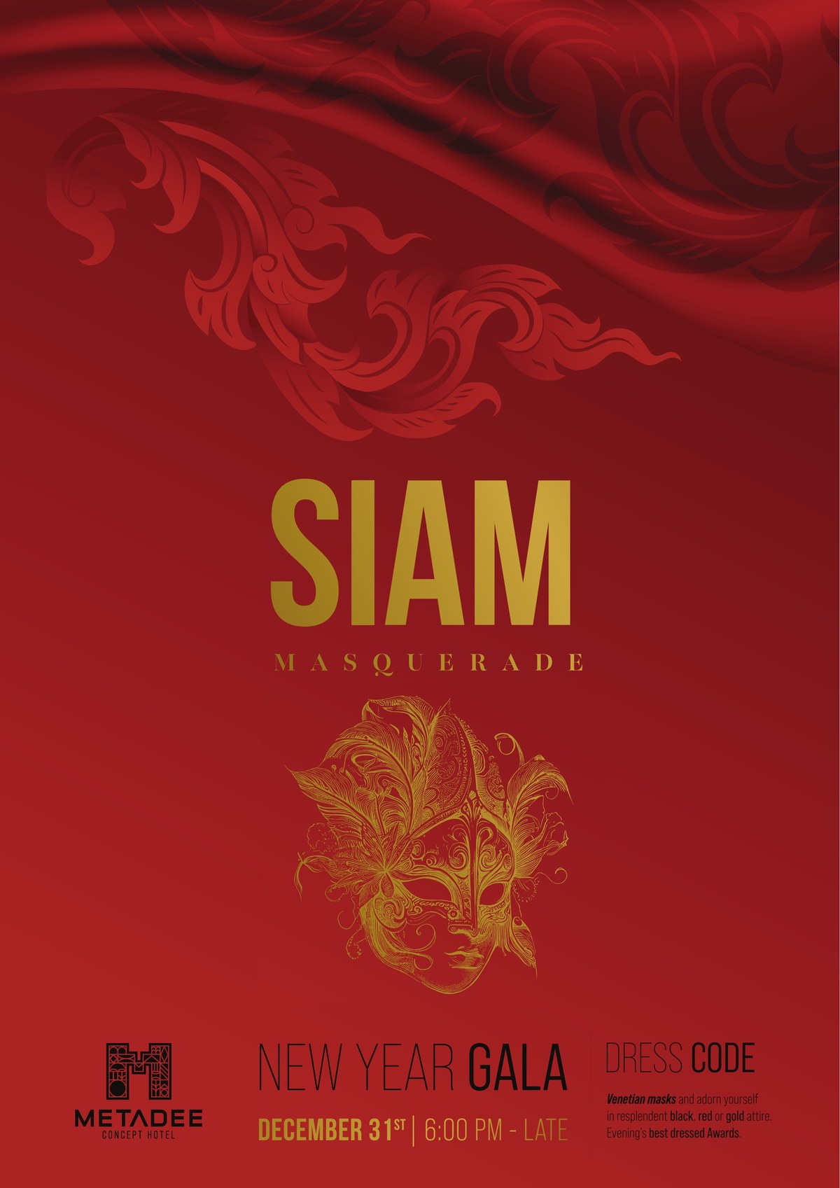 Siam Masquerade New Year’s Eve Gala poster at Metadee Concept Hotel Phuket