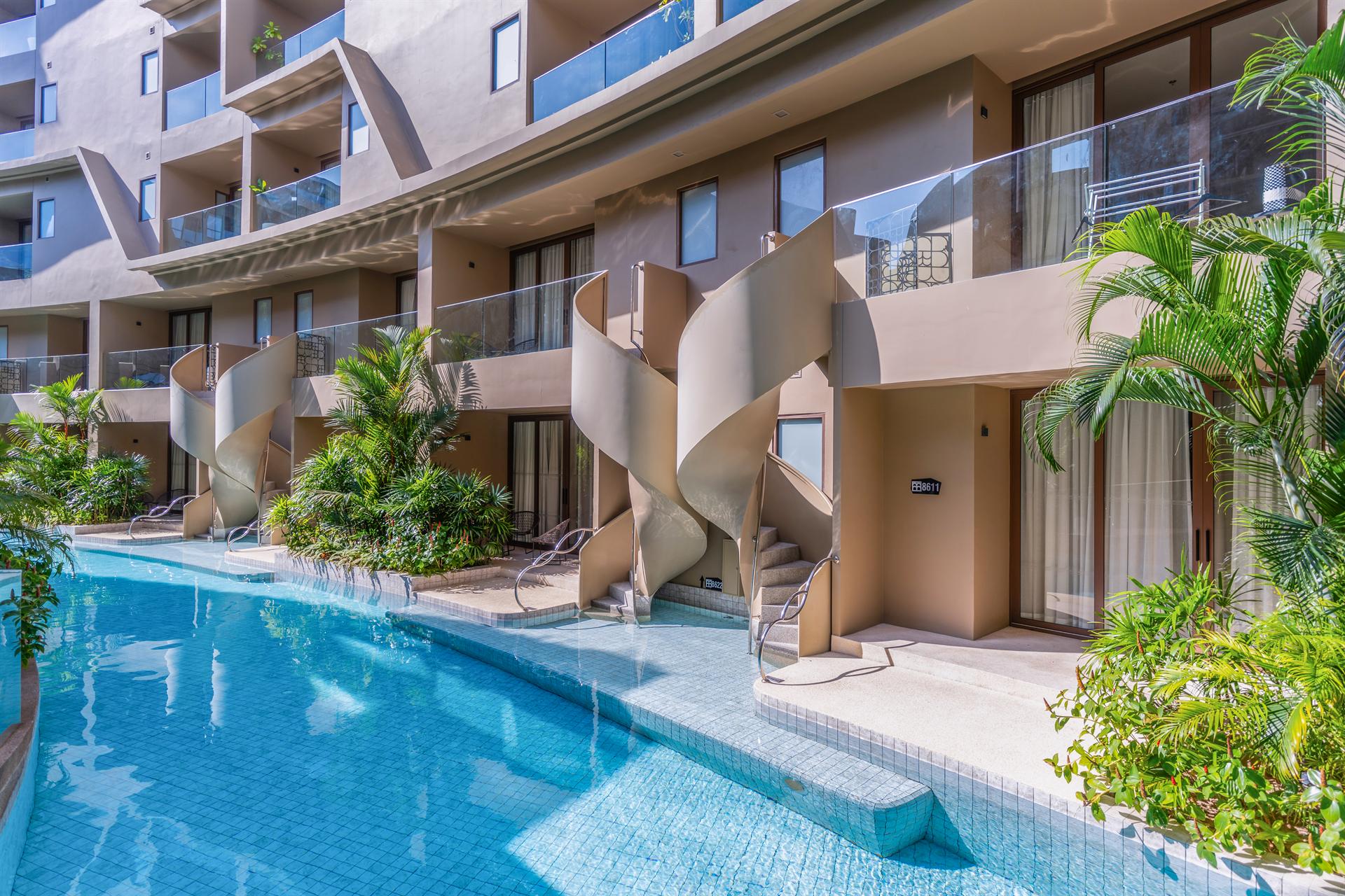 Pool-Access Architecture at Metadee Concept Hotel Phuket Pool-access terraces, curved balconies and spiral staircases at Metadee Concept Hotel in Phuket
