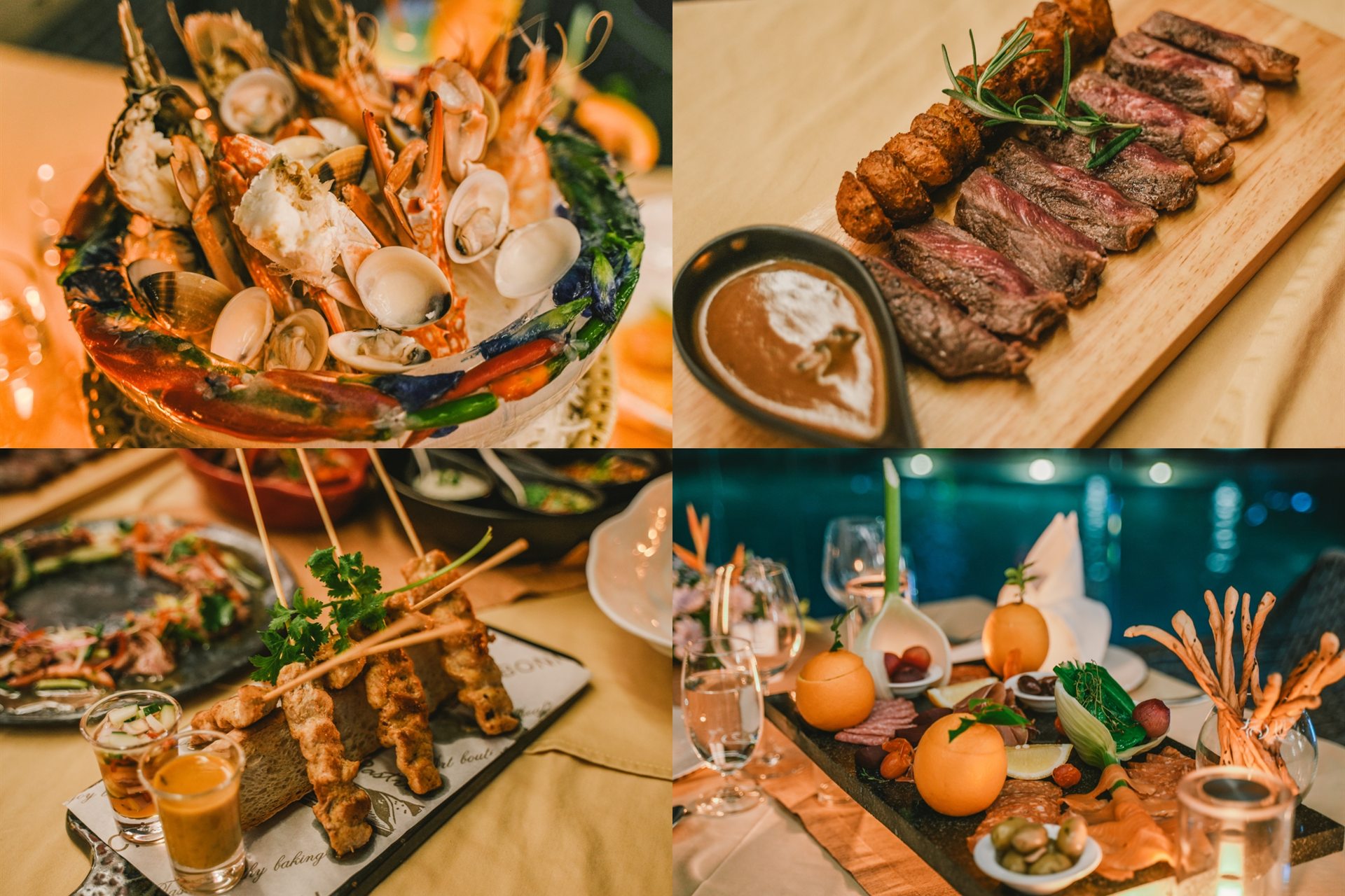 Dining Variety for a Family Holiday at Metadee Phuket Four-panel collage of seafood, steak, skewers and a charcuterie platter at Metadee