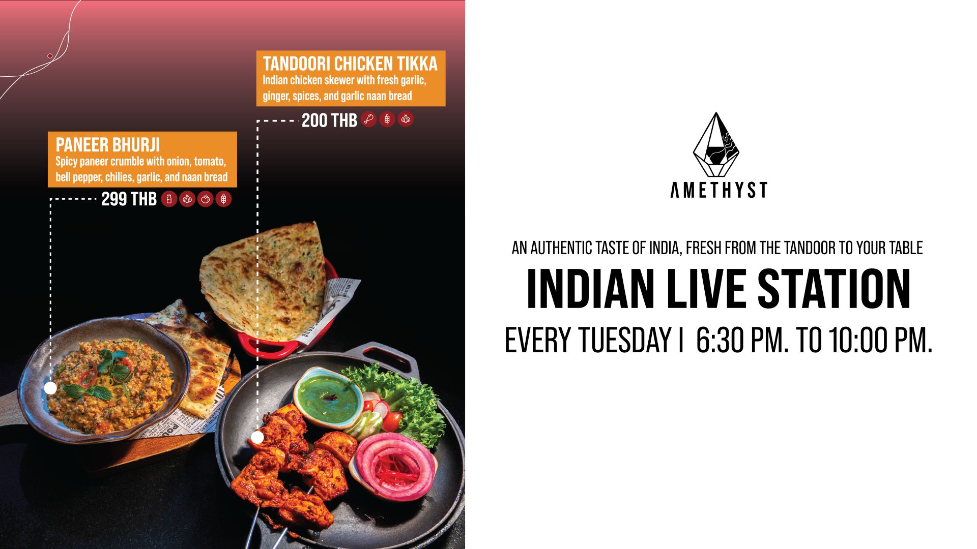 Indian Live Station at Amethyst in Kata Beach Tandoori chicken tikka and paneer bhurji at the Indian Live Station in Kata Beach