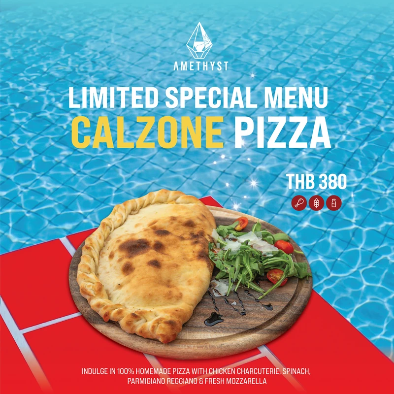 Calzone pizza beside the pool with chicken, gluten and dairy allergen icons
