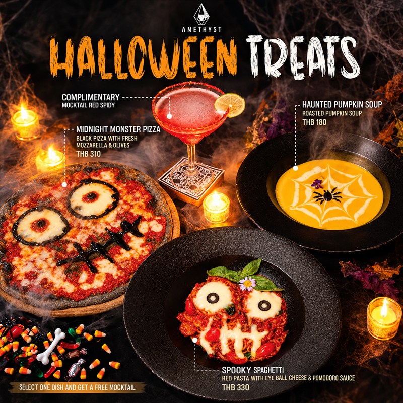 Halloween menu at Amethyst with pumpkin soup, black pizza, spooky spaghetti and a red mocktail
