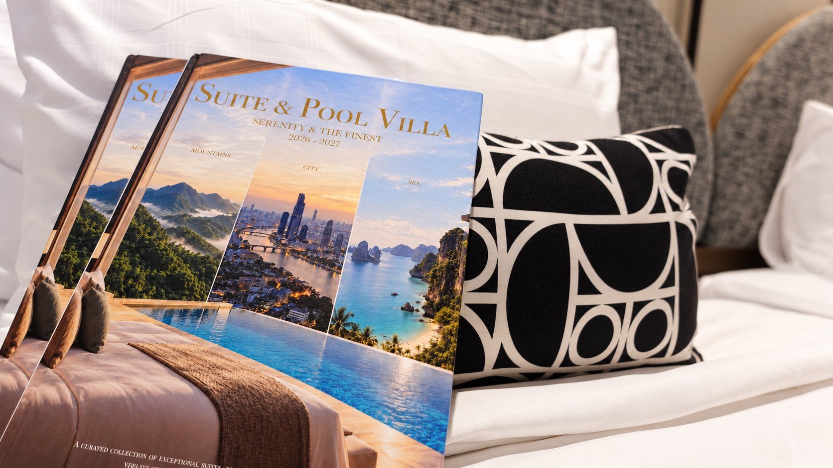 Suite and Pool Villa publications photographed on a bed inside Metadee Concept Hotel