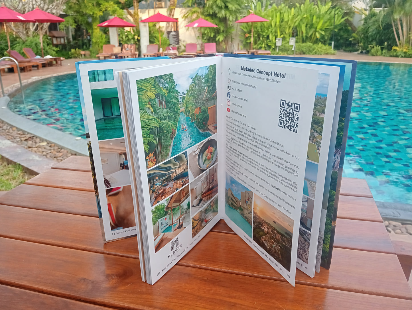 Open editorial feature on pages 172–173 beside the resort swimming pool