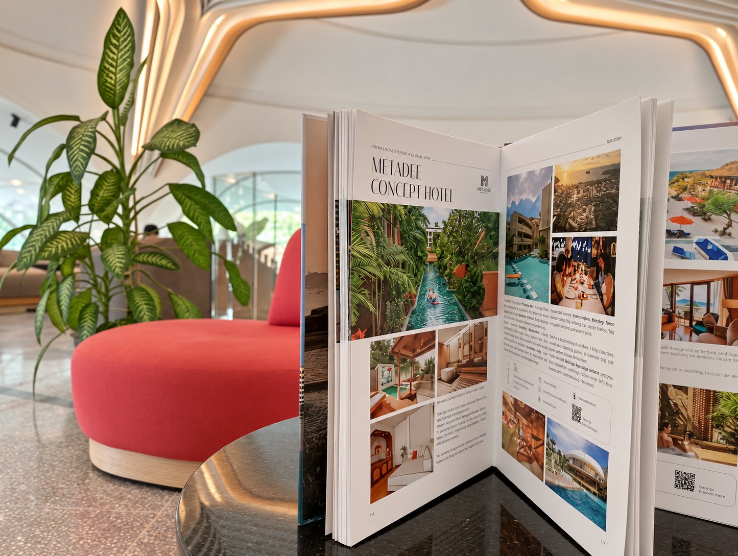 Open Wonder publication displaying the Metadee Concept Hotel feature in the hotel lobby