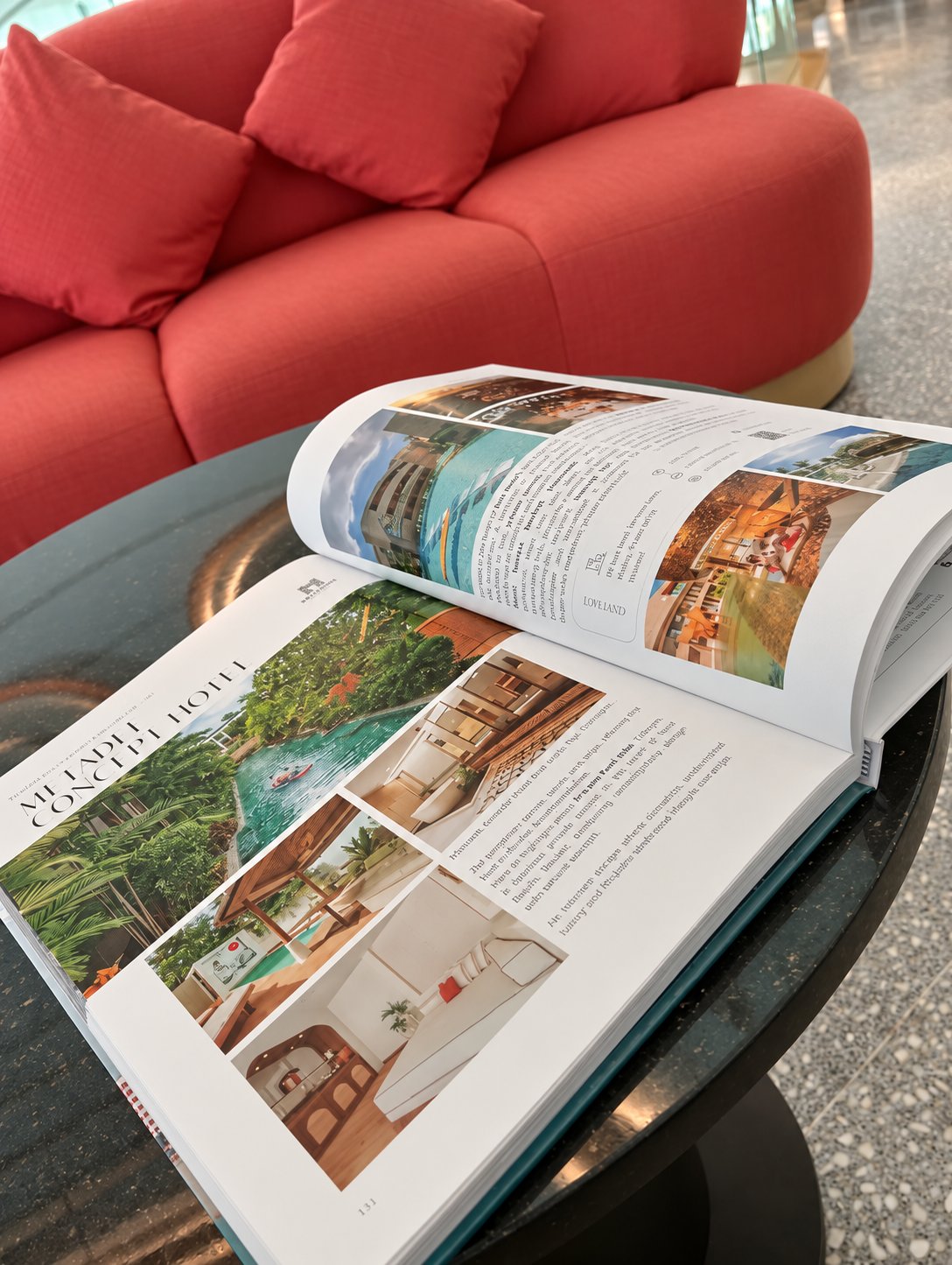 Open Wonder publication featuring Metadee Concept Hotel beside the red lounge seating