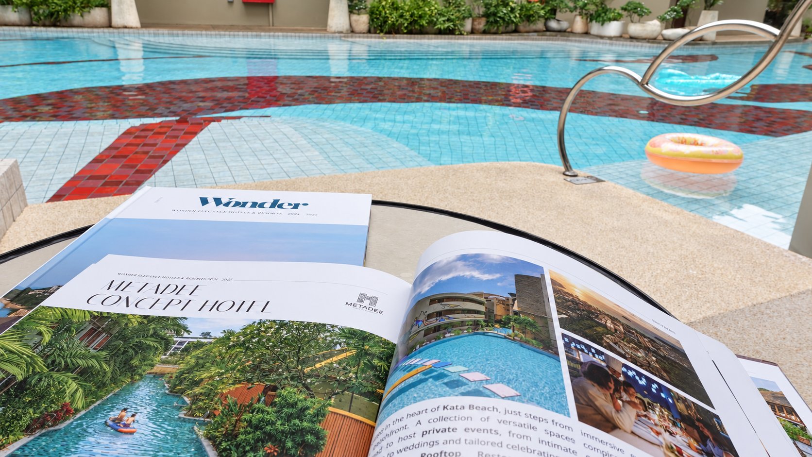 Open Wonder publication displaying Metadee Concept Hotel beside the resort pool